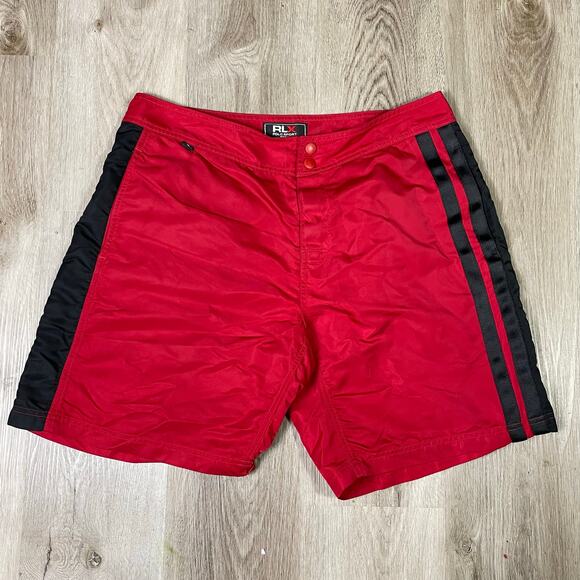 Vintage RLX Polo Sport Men’s 34 Red Nylon Swim‎ Trunks Black Stripe Y2K Shorts - Picture 2 of 14